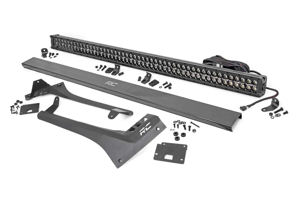Rough Country LED Light Bar Upper Windshield Kit, 50 in., Straight, Black Series, Dual Row, w/ White DRL for Jeep Wrangler JL 18-22 / Gladiator JT 20-22 - 70067 Luxury