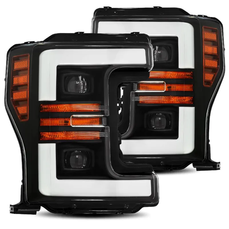 While Supplies Last AlphaRex 17-19 Ford Super Duty PRO-Series Projector Headlights Plank Style Design Black w/ Sequential Signal - 880106