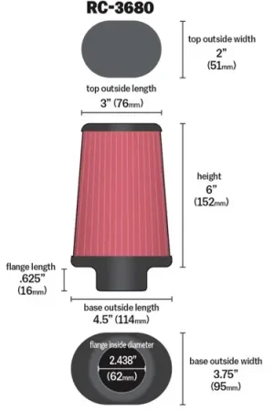 Fresh Stock K&N Universal Clamp-On Air Filter 2-7/16in Flange 4-1/2x3-3/4in Base 3x2in Top 6in Height