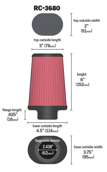 Fresh Stock K&N Universal Clamp-On Air Filter 2-7/16in Flange 4-1/2x3-3/4in Base 3x2in Top 6in Height