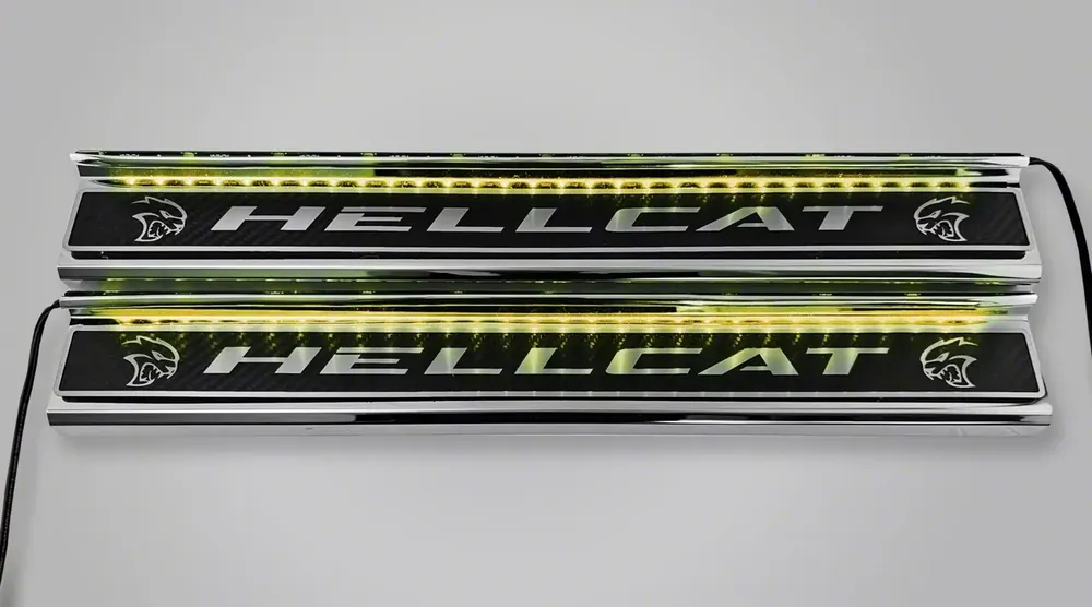 Illuminated Carbon Fiber Front Door Sills with Hellcat Lettering; Yellow Free Shipping