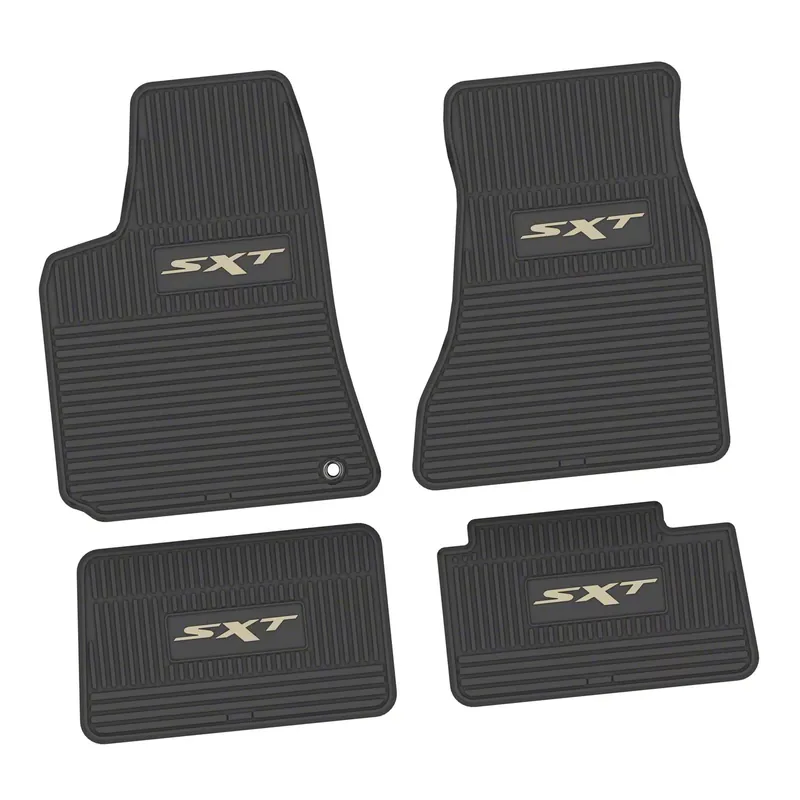 Exclusive Factory Floorpan Fit Custom Vintage Scene Front and Rear Floor Mats with Tan SXT Insert; Black