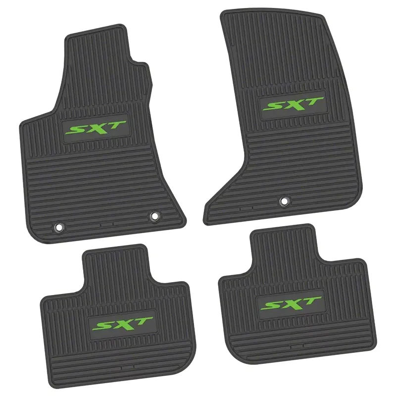 Professional Grade Factory Floorpan Fit Custom Vintage Scene Front and Rear Floor Mats with Lime SXT Insert; Black