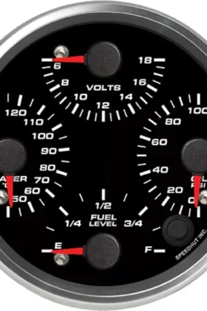 Limited Offer Speedhut Revolution Series 4-Inch Quad Gauge; Fuel Level; Oil Pressure 0-100 PSI; Water Temperature 50-125 Degrees Celcius; 6-18 Volts