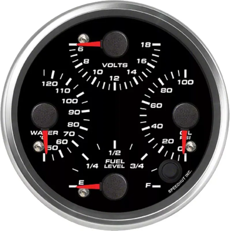 Limited Offer Speedhut Revolution Series 4-Inch Quad Gauge; Fuel Level; Oil Pressure 0-100 PSI; Water Temperature 50-125 Degrees Celcius; 6-18 Volts