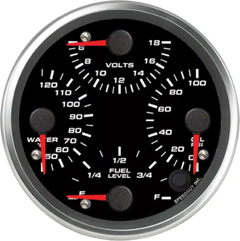 Speedhut Revolution Series 4-1/2-Inch Quad Gauge; Fuel Level; Oil Pressure 0-100 PSI; Water Temperature 50-125 Degrees Celcius; 6-18 Volts Worldwide Shipping