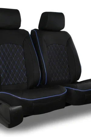 Aegis Cover Leatherette Low Back Bucket Seat Covers with Suede Diamond Insert; Black/Blue Piping Fast Shipping