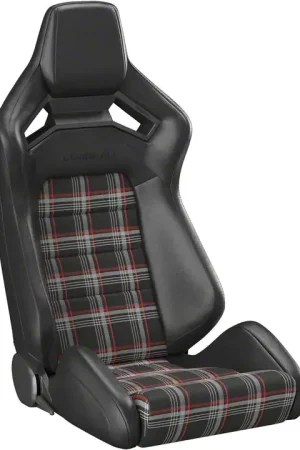 Corbeau Sportline RRX Reclining Seats; Black Vinyl/Red Plaid Cloth Professional Grade