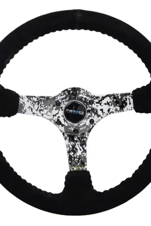 Clearance NRG Innovations 350mm 3-Inch Deep Dish Steering Wheel; Black Suede with Black Stitching and Hydro-Dripped Digital Camo Spokes