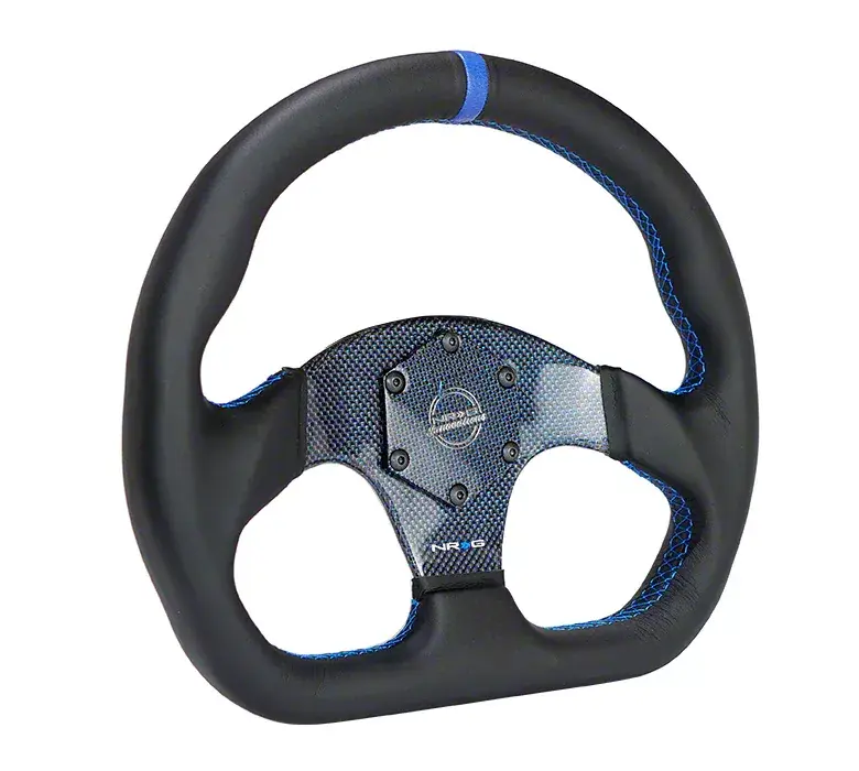NRG Innovations Flat Bottom Leather Steering Wheel; Blue Carbon Fiber Center and Stitching Special Offer