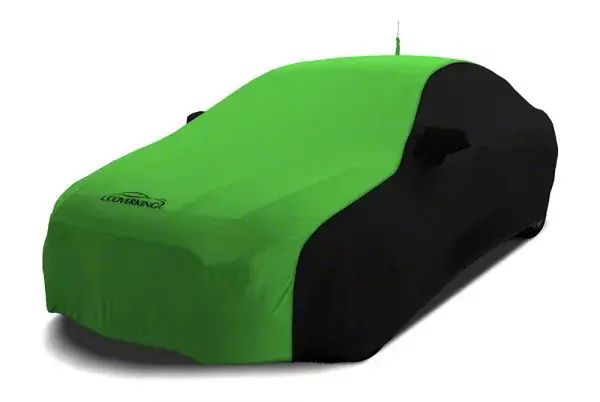 Coverking Satin Stretch Indoor Car Cover without Roof Antenna Pocket; Black/Synergy Green Worldwide Shipping