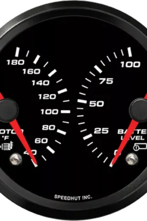 Crafted Speedhut EV Series AEM 3-3/8-Inch Dual Gauge with Warning; Battery Level 0-100%; Motor Temperature 40-180 Degrees Fahrenheit