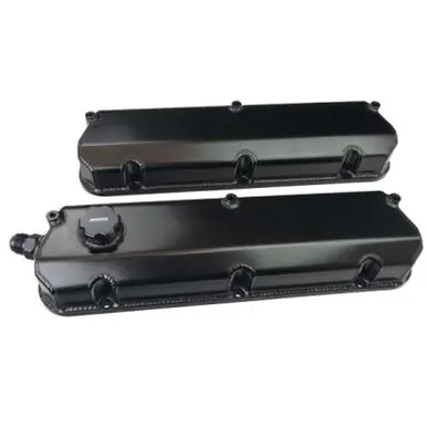 Budget Moroso Ford 302/351W 2-3/4in Tall Aluminum Valve Covers - Black (w/-12AN Vac Fitting & Oil Fill) - 68478