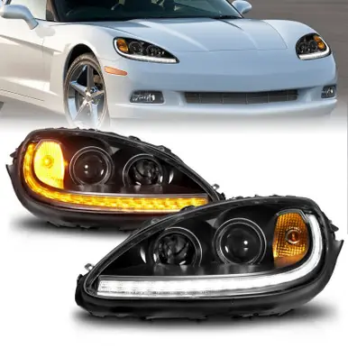Brand New ANZO 05-13 Chevrolet Corvette Projector Headlights w/switchback & Sequential LED - Black Amber - 121571
